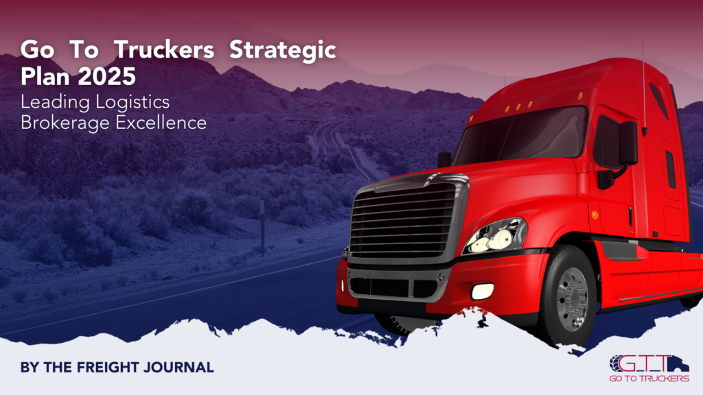 Red semi-truck on a highway with mountains in the background, representing Go To Truckers Strategic Plan 2025