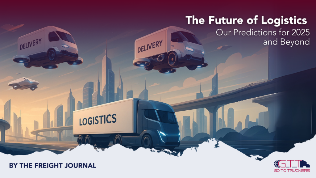 Futuristic logistics truck and flying delivery vans in a smart city, visualizing predictions for logistics in 2025 and beyond