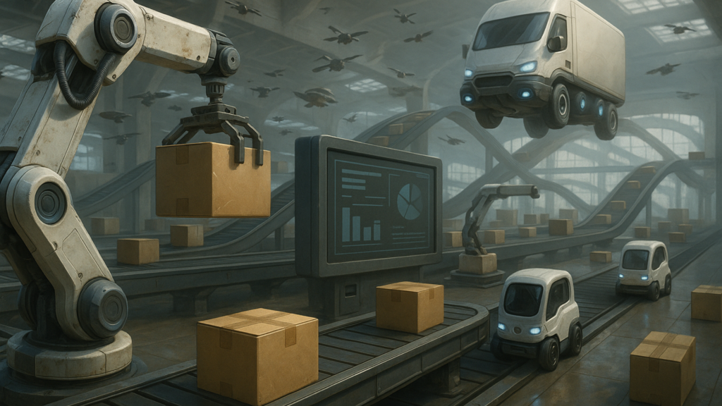 Automated warehouse with robotic arms, drones, and delivery vehicles managing logistics and package sorting