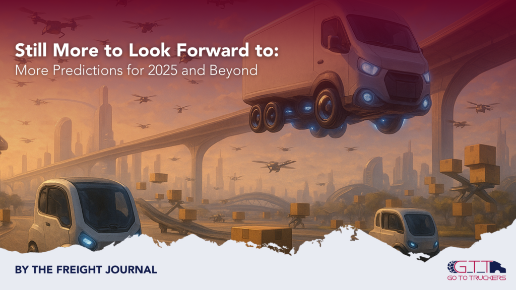 Futuristic delivery trucks and drones transporting packages in a smart city logistics network, 2025 vision