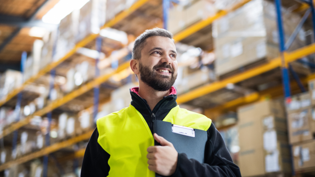 Warehouse worker smiling with clipboard after successful freight delivery.