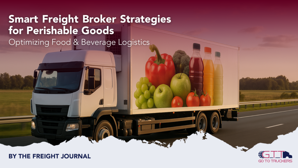Refrigerated freight truck transporting perishable goods like fruits, vegetables, and beverages.