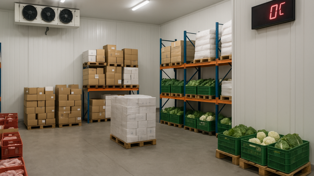 Cold storage room with temperature control, storing vegetables and perishable goods in crates and boxes.
