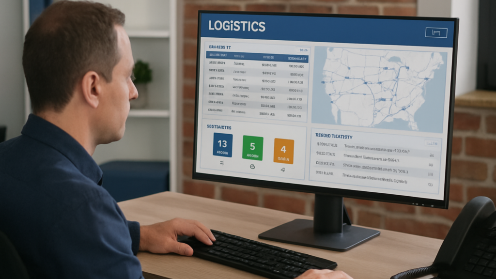 Logistics manager using tracking software to monitor shipments and optimize food supply chain logistics.