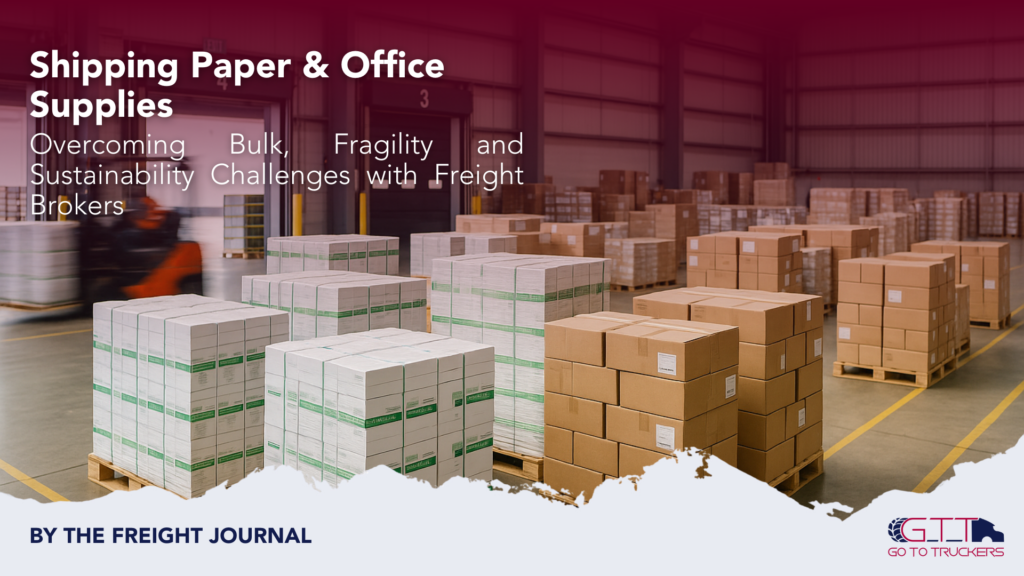 Stacked pallets of printer paper and cardboard boxes ready for shipment in a logistics warehouse.
