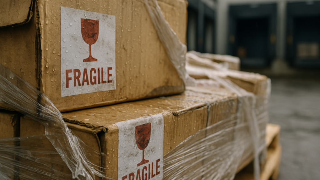Close-up of wet cardboard boxes labeled “Fragile” on a pallet outside a loading dock.