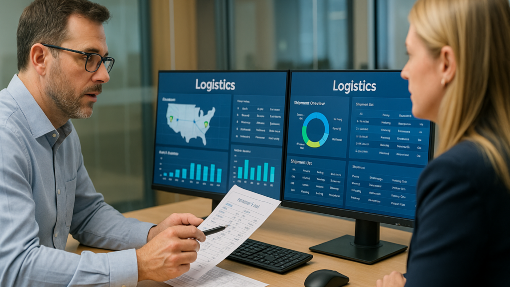 Logistics professionals tracking real-time shipments on dual monitors with shipment dashboards.