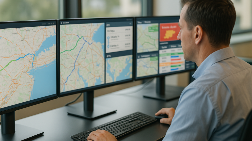 Logistics operator using a TMS control tower with maps, ETAs, and weather alerts to plan expedited routes.