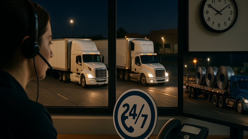 24/7 dispatch agent overseeing trucks at night, coordinating expedited shipments across equipment types.