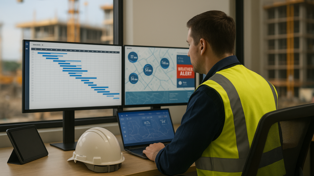 Project manager monitoring a Gantt schedule with live ETAs and weather alerts for construction deliveries.