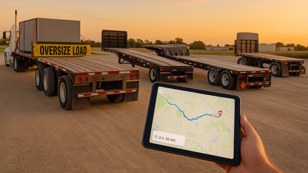 Flatbed and drop-deck trailers with “Oversize Load” banner and a tablet showing an optimized route and ETA.