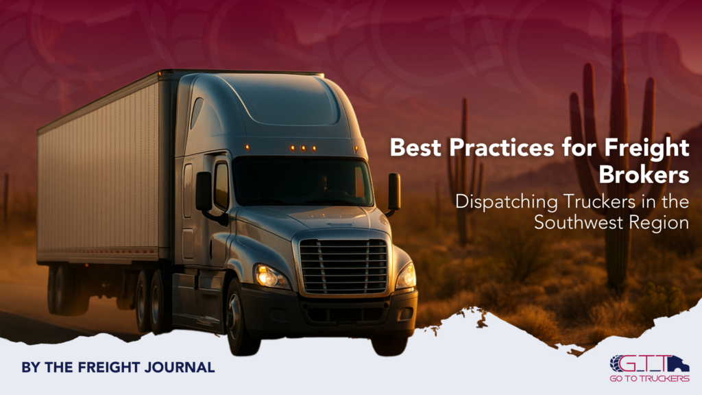 Semi truck on Southwest desert highway at sunset with saguaros—Southwest freight dispatch by brokers.