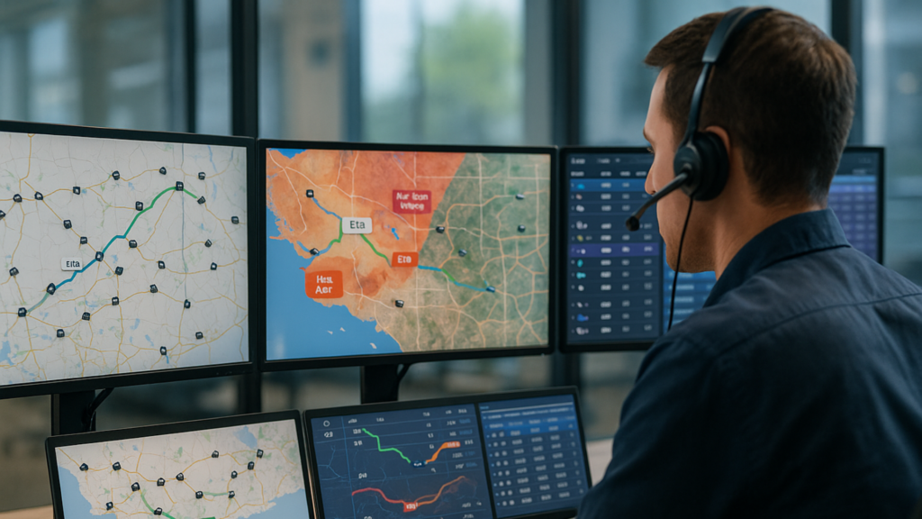 Dispatcher using TMS dashboards for Southwest route optimization, ETAs, and load matching.