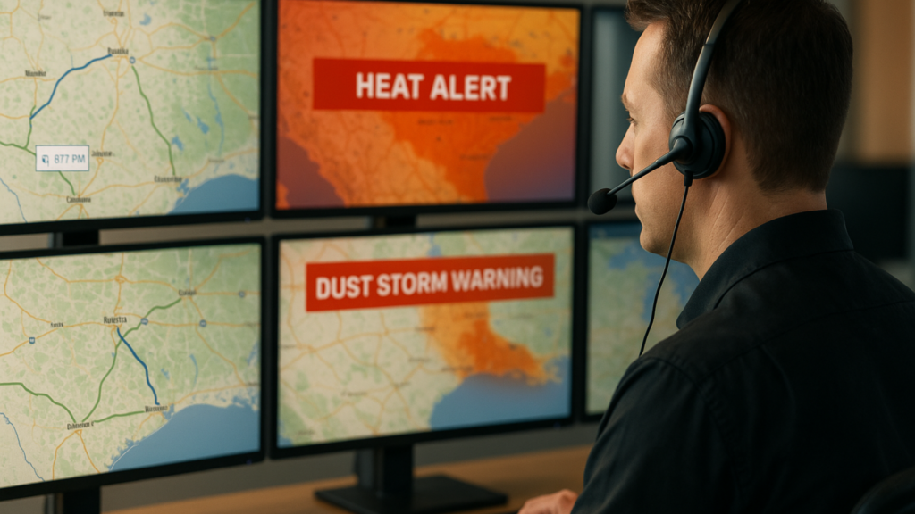 Logistics dispatcher monitoring heat alerts and dust-storm warnings for Southwest shipments.