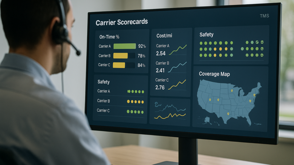 TMS dashboard showing carrier scorecards for on-time delivery, cost per mile, safety, and coverage.