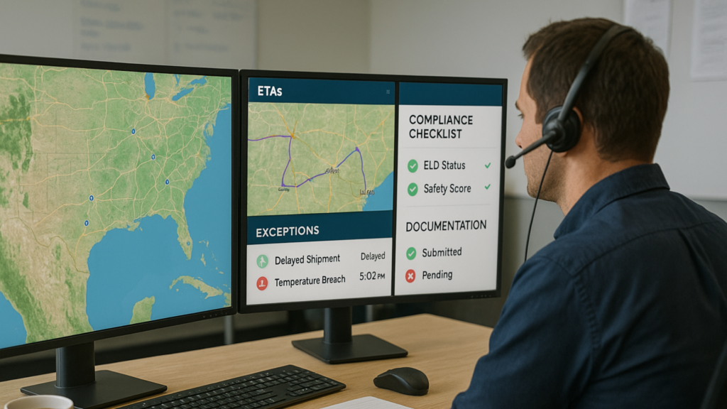 Control-tower view with real-time shipment tracking and compliance documentation for carrier operations.