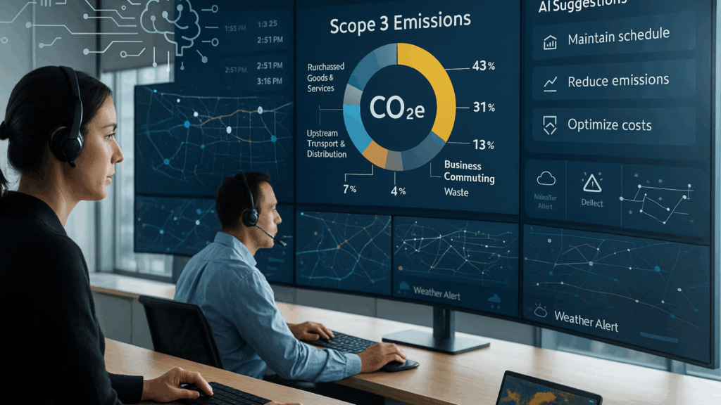 AI route optimization and Scope 3 emissions dashboard for logistics.