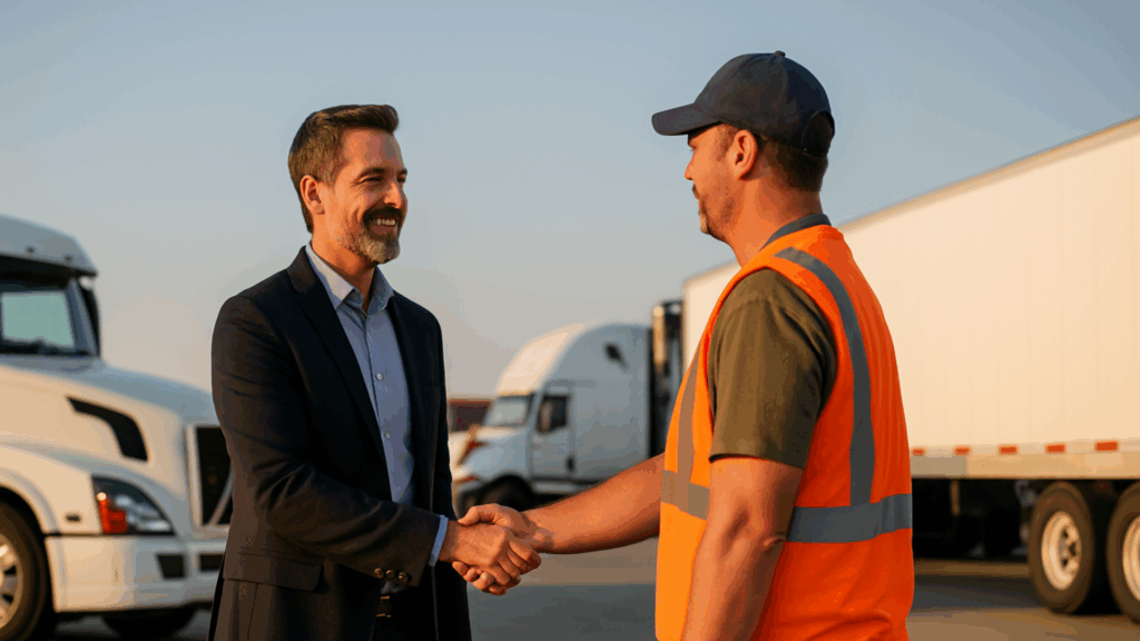 Logistics manager and truck driver shake hands by semi-trucks, signaling carrier partnership for sustainable freight 2025.
