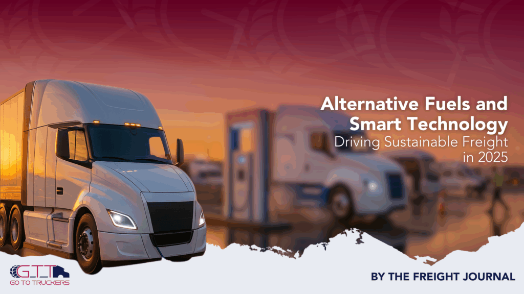 Sustainable freight 2025 with electric and hydrogen trucks at a charging depot.