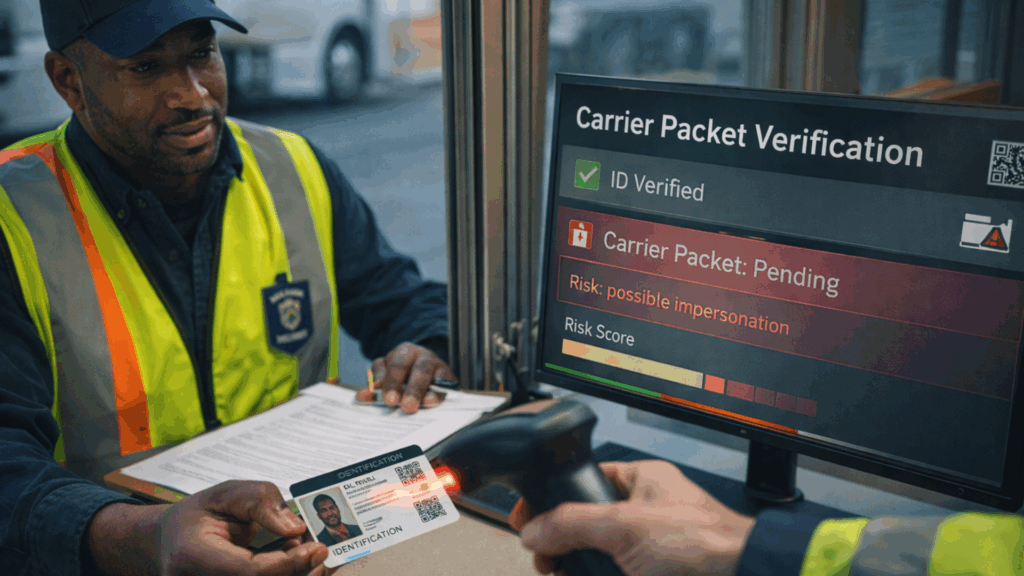 Dispatcher verifying a driver’s ID during carrier packet verification to prevent cargo theft and double brokering.