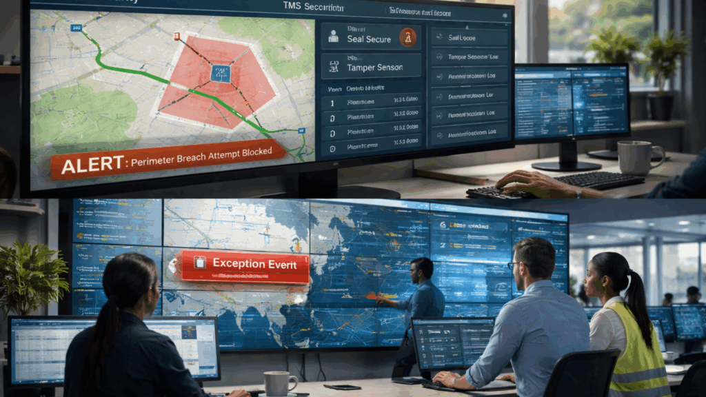 Control tower team monitoring TMS security alerts, geofencing, and shipment exceptions to reduce cargo theft risk.