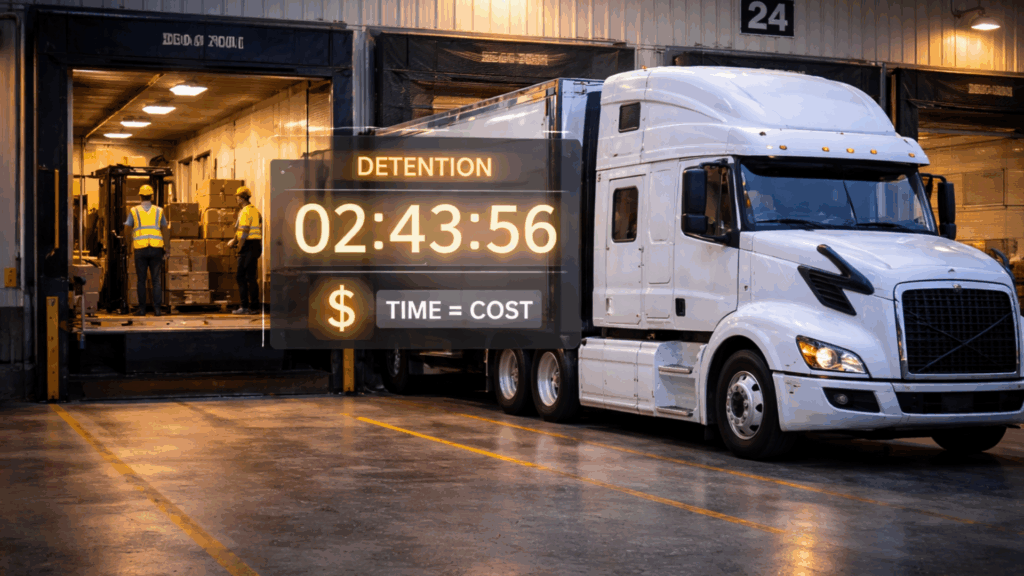  Truck waiting at a warehouse dock with a detention timer showing how delays create costly accessorial charges.