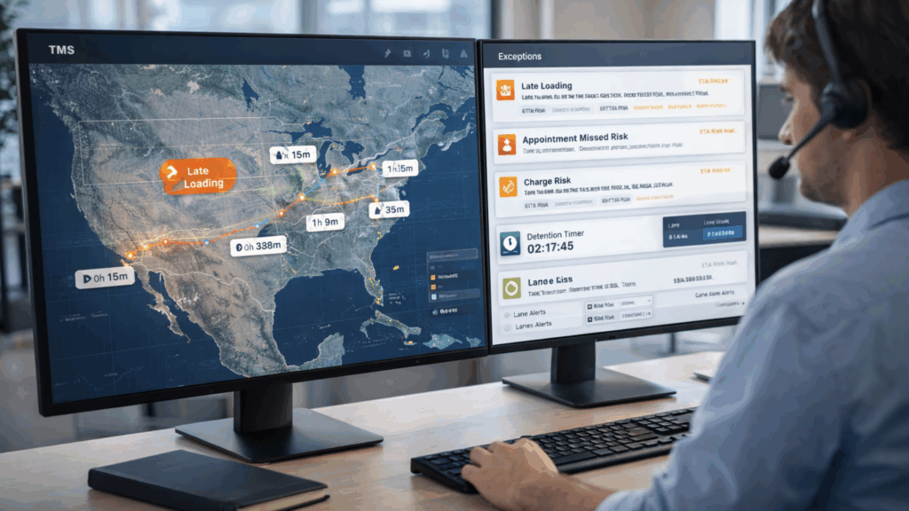 Transportation management system showing alerts for late loading, missed appointments, and detention risk to prevent accessorial fees.