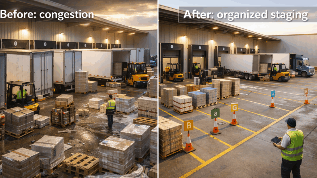 Before and after: dock congestion vs organized staging enabled by a drop trailer program.