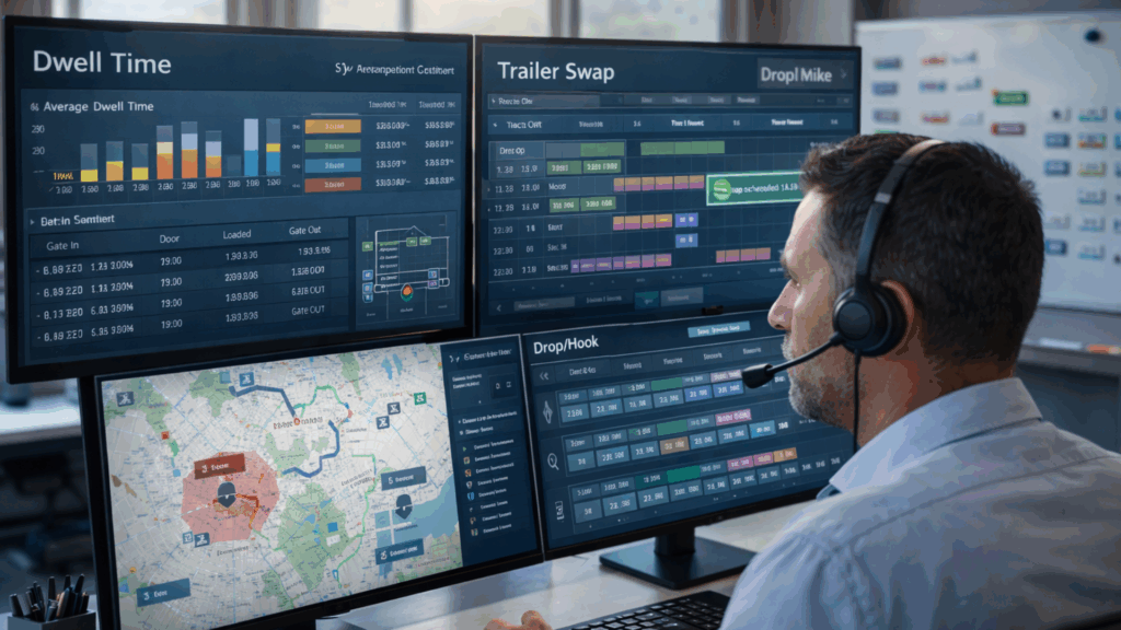 Dispatcher monitoring dwell time and trailer swap schedules in a transportation management system dashboard.