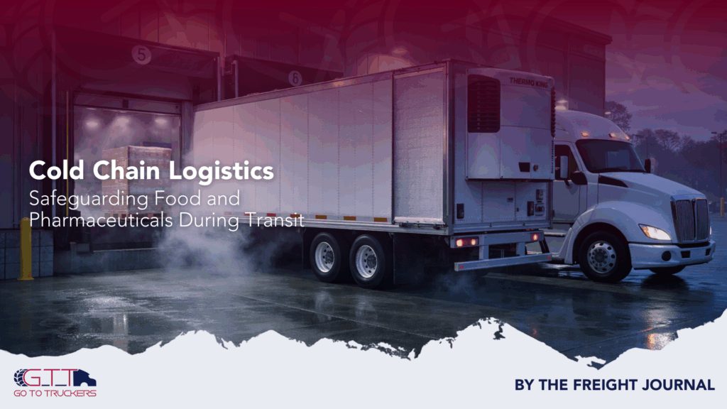 Refrigerated truck at a cold dock with visible vapor, representing cold chain logistics for food and pharmaceuticals.