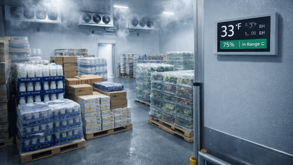 Temperature-controlled cold room at 33°F storing food products, demonstrating proper cold chain storage to prevent spoilage.