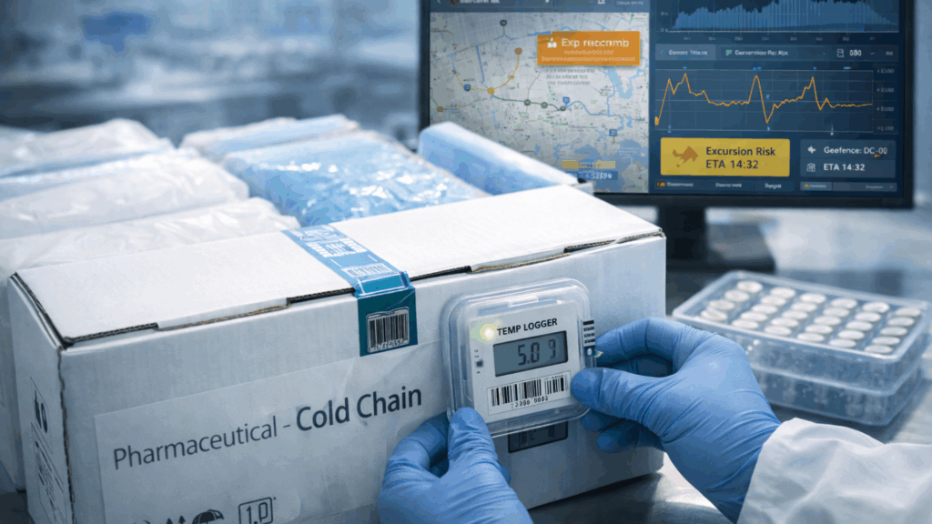 Pharmaceutical cold chain shipment with a temperature data logger and monitoring dashboard to prevent temperature excursions during transit.