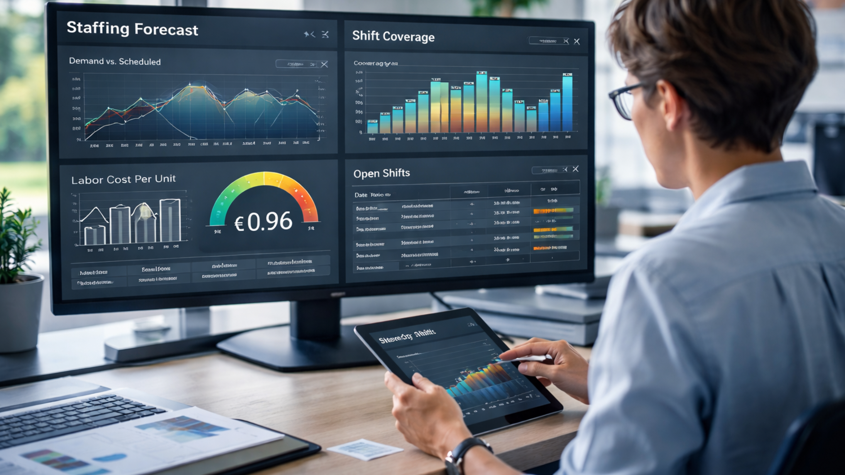 Staffing forecast dashboard showing shift coverage, open shifts, and labor cost per unit for warehouse workforce optimization.