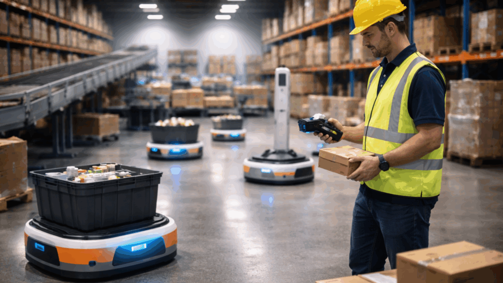 Warehouse worker scanning inventory alongside autonomous mobile robots to improve productivity during labor shortages.