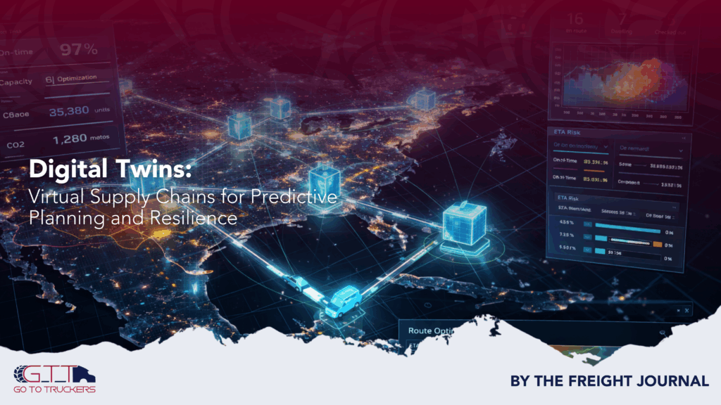 Digital twin supply chain map showing connected warehouses and routes for predictive planning and logistics resilience.