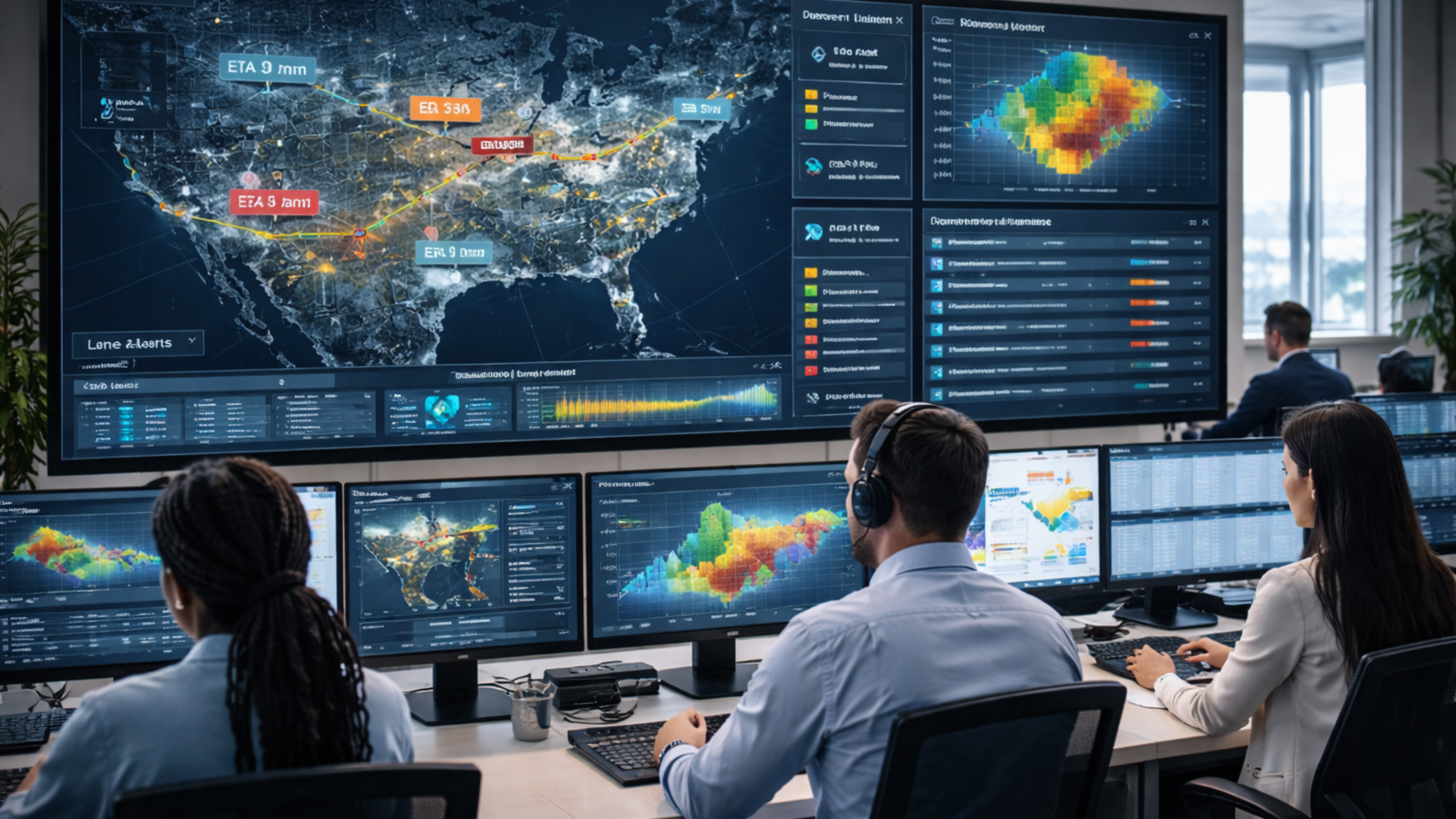 Logistics control tower monitoring real-time shipments, ETAs, and network performance using digital twin dashboards.