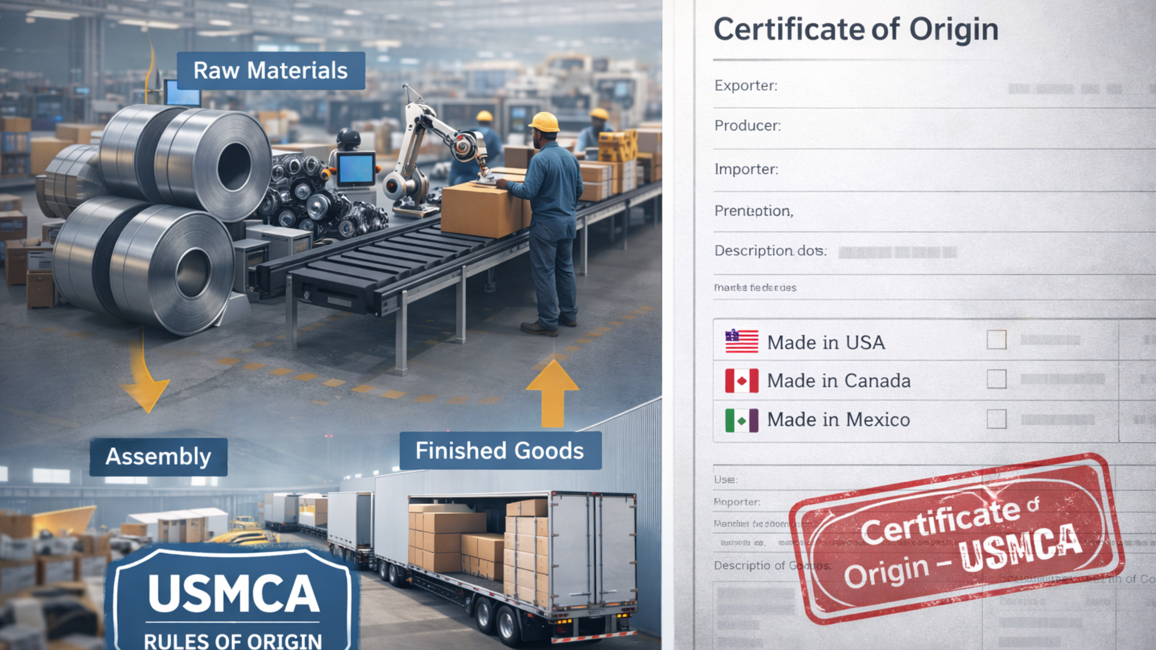 Factory workflow labeled raw materials, assembly, and finished goods next to a USMCA certificate of origin document.