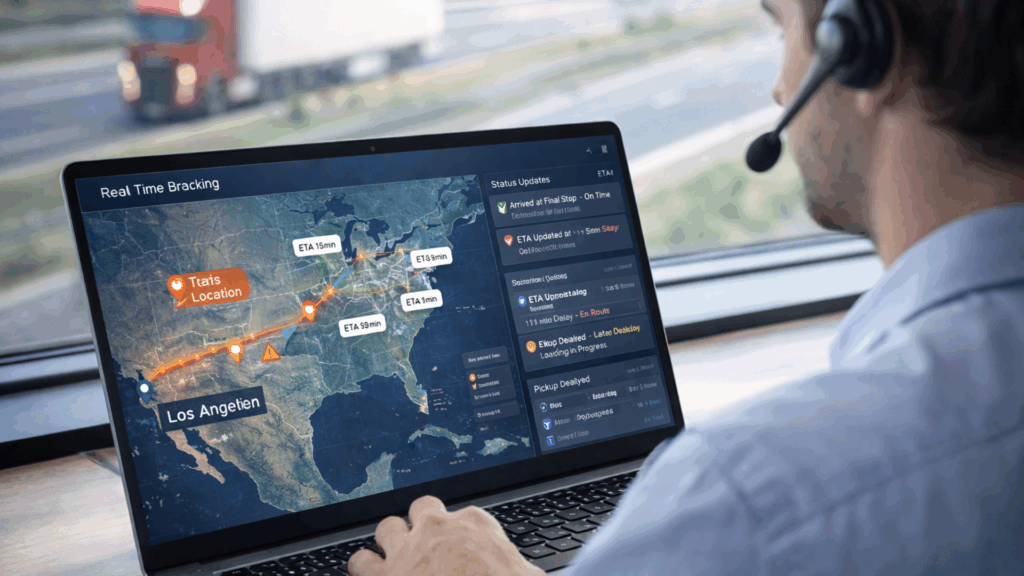 Freight broker technology providing real-time tracking and shipment visibility across U.S. lanes