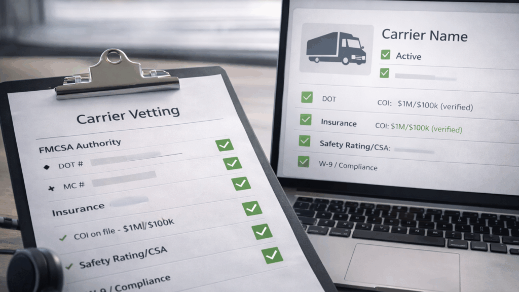 Carrier vetting checklist showing FMCSA authority, insurance verification, and safety compliance for freight broker risk management
