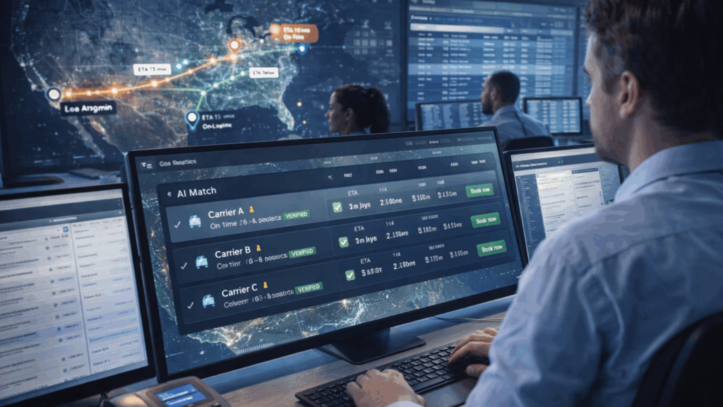Logistics control tower using AI freight matching platform to compare carriers by ETA, price, and verified status across U.S. lanes.