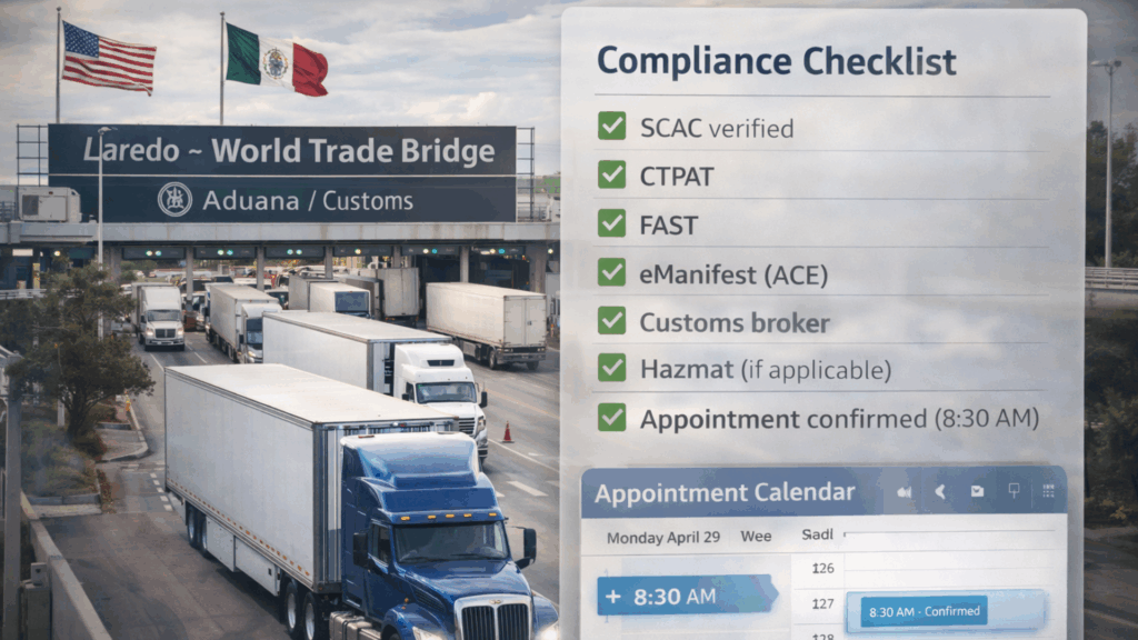 Trucks entering Laredo World Trade Bridge with a compliance checklist overlay for cross-border freight.