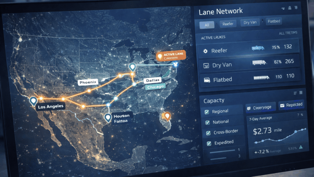 Logistics lane network dashboard showing shipment routes, capacity options, and equipment types like reefer, dry van, and flatbed.