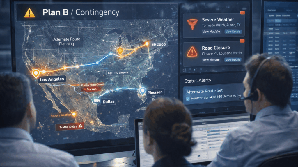 Operations team monitoring a contingency logistics plan with route changes, severe weather alerts, and road closure notifications.