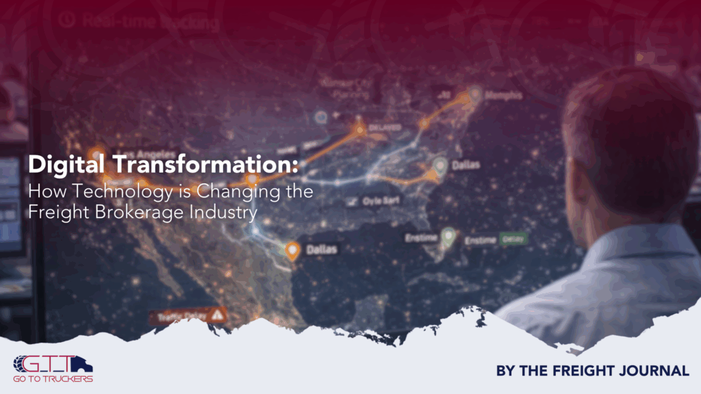 Logistics manager viewing a digital freight map with live route lines and shipment status markers across the U.S.