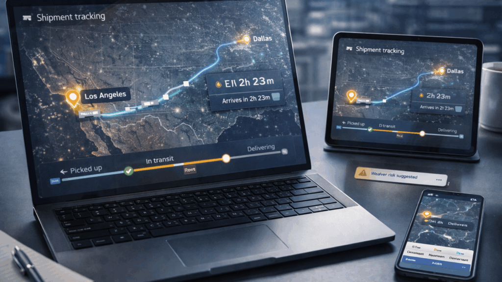 Real-time shipment tracking displayed on laptop, tablet, and phone with a route from Los Angeles to Dallas and ETA.