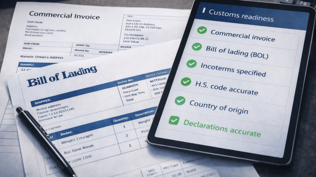 US-Mexico shipment compliance documentation checklist with commercial invoice and bill of lading