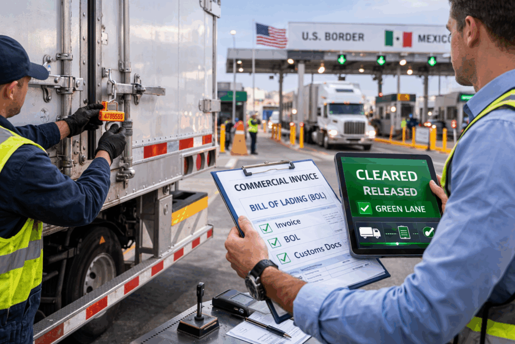 US–Mexico border shipment compliance check showing trailer seal verification, commercial invoice and bill of lading, and a “cleared/released” green-lane status.