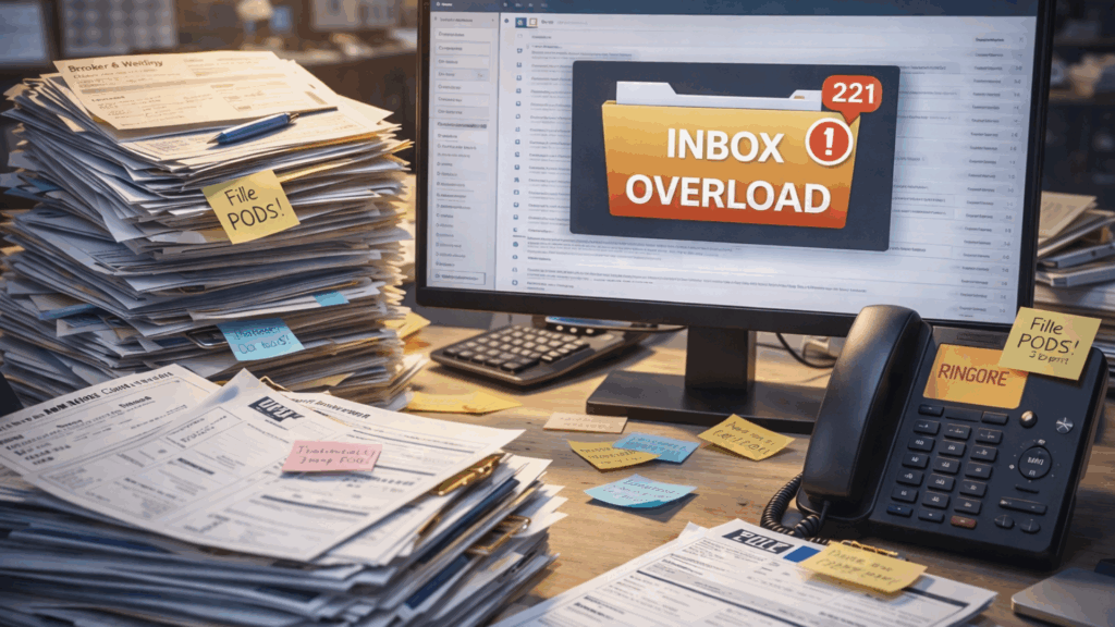 Manual freight paperwork process with stacks of documents, phone calls, and delayed approvals