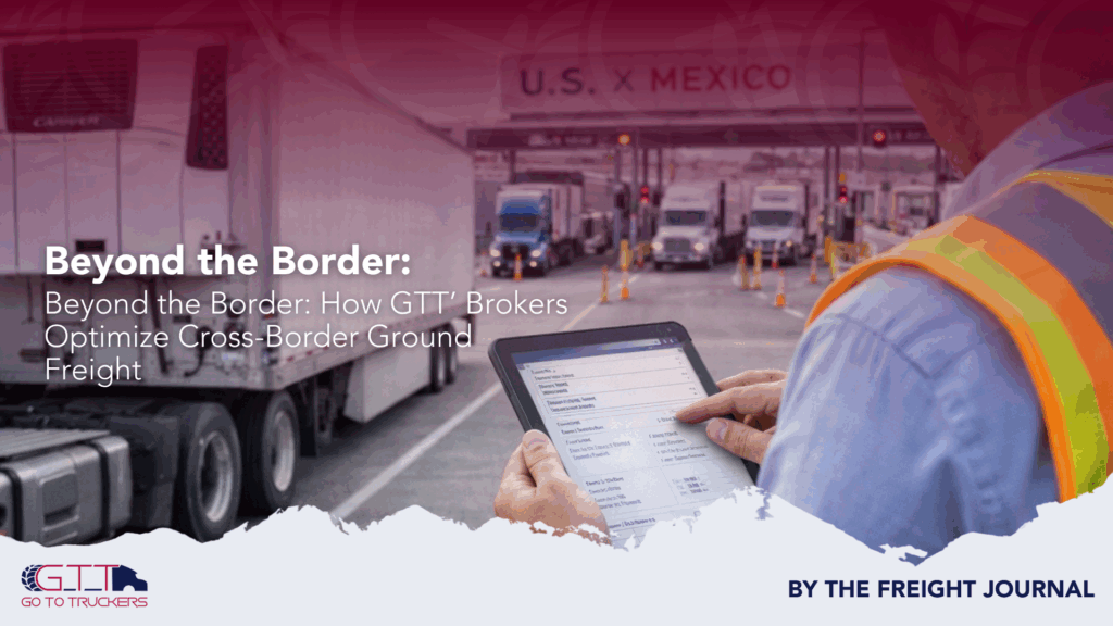 Cross-border freight broker managing U.S.-Mexico ground freight at a busy border checkpoint.