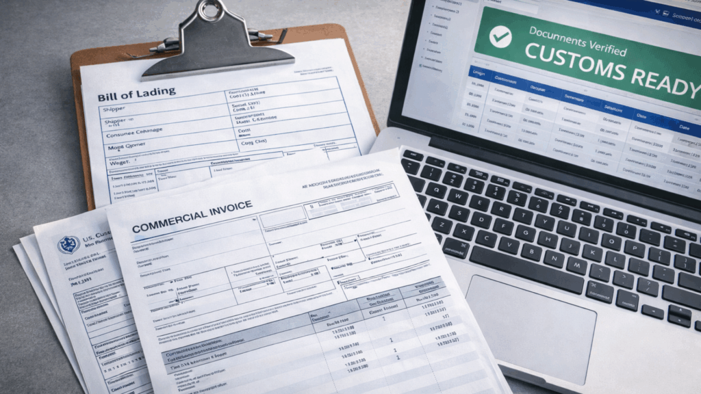 Bill of lading and commercial invoice beside a customs-ready verification screen for U.S.-Mexico freight.